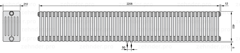 Схема (чертеж) Радиатор Zehnder Charleston 6045/48 №5410 Белый глянцевый RAL 9016